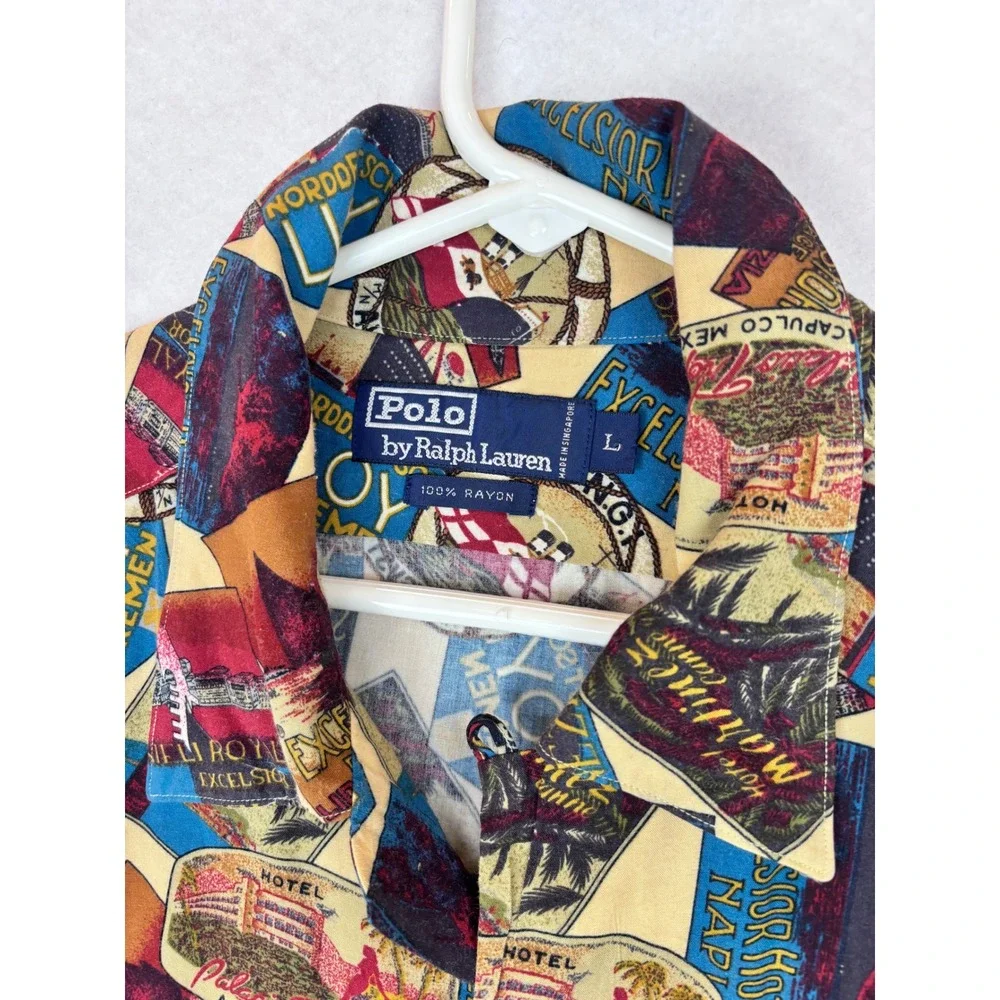 Vintage Polo Ralph Lauren L 100% Rayon Travel Print 90s Resort Short Sleeve